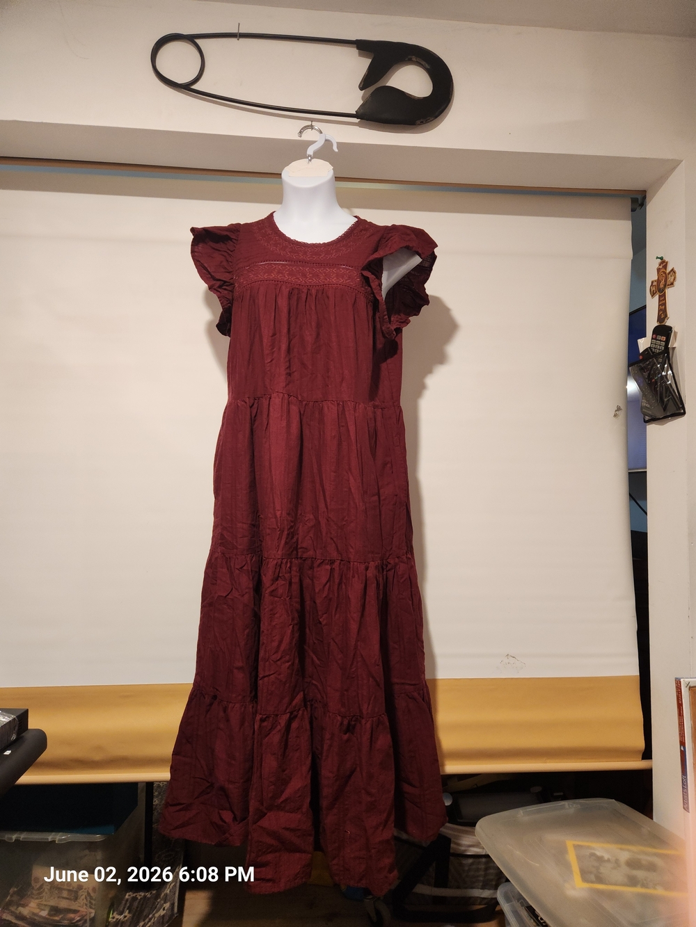 Universal Thread Burgundy Tiered Maxi Dress with Ruffle Sleeves